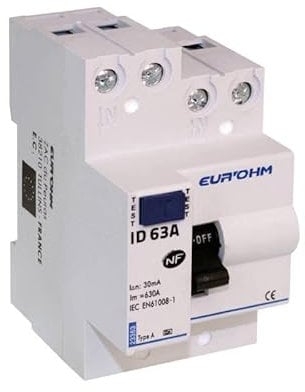Interrupteur différentiel connexion haut/haut Eur'Ohm - AC - 63A - 1P+N - 30mA