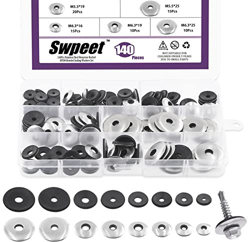 Swpeet 140Pcs 8 misure #8#10#12#14 Acciaio inossidabile Neoprene EPDM Bonded Guarnizioni Guarnizioni Kit Assortimento Guarnizioni, Rondelle di tenuta incollate in gomma per 8# 10# 12# 14# Viti