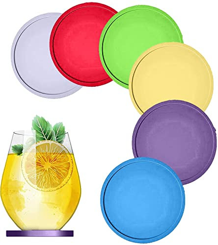 MALANGI Lot de 6 dessous de verre ronds en caoutchouc de silicone antidérapant pour café, bière, verre à vin, bouteille de maison et bar (multicolore)