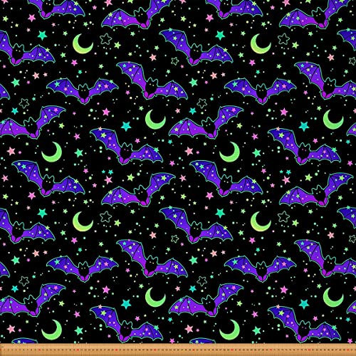 Glitzer Fledermäuse Stoff Meterware Halloween Möbelstoff Blau Lila Galaxy Dekostoff für Kinder Jungen Teens Sternenhimmel Dunkel Nachthimmel Mond Sterne Tier Drinnen Draußen Stoff 92 x 150 (HxB)