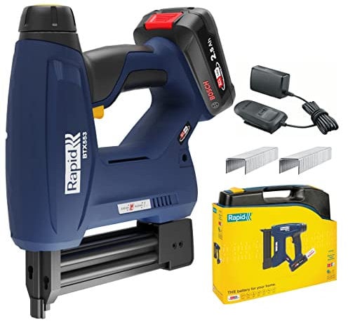 Rapid BTX553 - Agrafeuse Murale 18V P4A, Agrafeuse Électrique Sans Fil à Batterie pour Agrafes N°53 à Fil Fin & Pointes N°8 - avec Batterie 2,5 Ah/Chargeur/Malette Inclus (5001506)