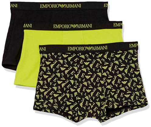 Emporio Armani Men's 3-Pack Pure Cotton Trunk, Black/Print Black/Lime, XL (Pack of 3)