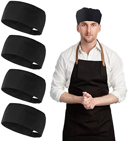 4 Piezas Gorros de Chef Gorros de Cocina Ajustables Gorros Gourmet Negros con Gorro Elástico Gorros Elásticos para Hombres y Mujeres Servicio de Chef de Cocina