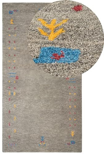 Gabbeh Teppich grau aus Wolle 80 x 150 cm Hochflor mit Muster weich handgetuftet Seymen