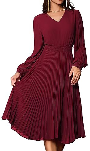 Damen A-Linie Faltenrock Elegant Kleid Langarm V-Ausschnitt Swing Cocktailkleid Casual Freizeitkleid S Weinrot CLK022A23-03