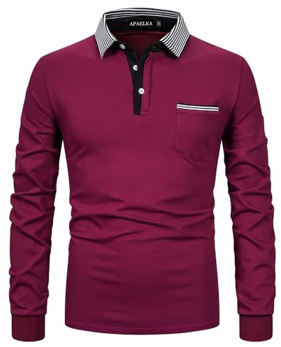 APAELEA Poloshirt Herren Baumwolle Langarm Gestreifte Revers Golf Shirts Männer Hemden Tops,Weinrot,L