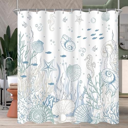 Lerores Duschvorhang 180x180cm, Meeresboden Antischimmel Textil, Beschwerter Saum Wasserabweisend, Waschbar Polyester Stoff Badevorhänge mit Ösen und 12 Duschvorhangringe für Badezimmer, Badewanne