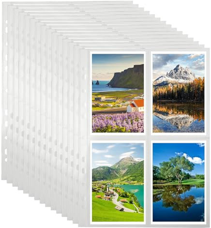 APACALI 100 Stück 400 Taschen Fotohüllen A4, Transparent Postkartenhüllen 4 Fach Geteilt Fotohüllen für A4 2/3/4 Ringbuch, Top Loading Fotoalbum Nachfüllseiten für Familien, Hochzeits(10.8x15.2cm)
