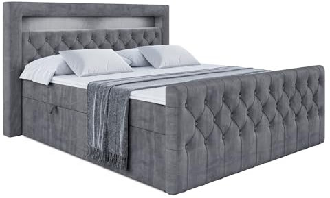 ALTDECOR Boxspringbett mit Matratze und Lattenrost, LED Boxbett, Topper, Fußteil, Polsterbett mit Bettkasten, Bett mit Stauraum H4-Matratze, Doppelbett - Aurora - 120x200 - Dunkelgrau Samt