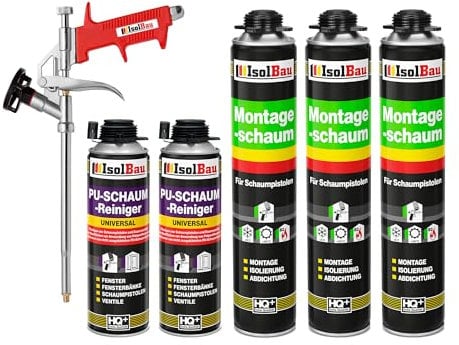 Isolbau Bauschaum-Set - Inkl. 3 x 1K Montageschaum B2 Pistolenschaum mit hervorragender Schall und Wärmedämmung (je 750 ml), 2 x PU-Schaum-Reiniger (500 ml) & 1 x Schaumpistole, Verfüllen