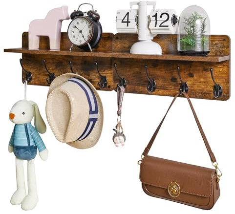 YMYNY Coat Rack Shelf Wall Mounted, Wooden Coat Hooks Set of 2, Entryway Coat Hanger with 8 Hooks,80cm L Floating Shelves, Key Holder, for Kitchen, Bathroom, Living Room, Rustic Brown, HWS006H-2
