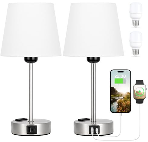 Kakanuo Nachttischlampe Touch Dimmbar 2er Set, Tischlampe mit Ladefunktion USB A+C-Anschlüssen Steckdosen, Weiß-Lampenschirm, Kleine Lampe für Nachttisch Schlafzimmer Wohnzimmer Babyzimmer Büro