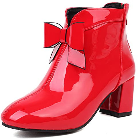 Lizoleor Donna Punta Rotonda Vernice Stivali Chelsea Bowknot Festa Moda Tacco Alto A Blocco Inverno Eleganti Ankle Stivaletti Bowknot Rosso Numero 36 Eu