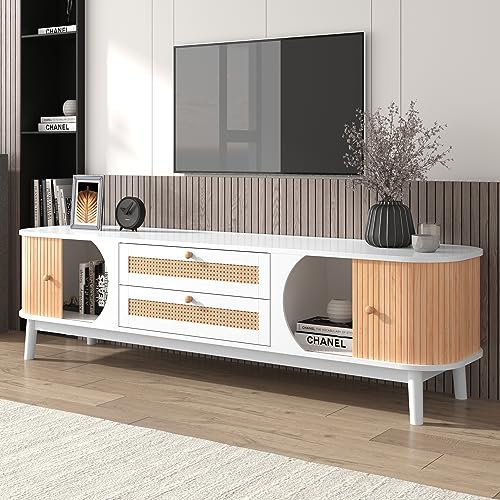 Moimhear Mueble de TV de madera natural con puertas y cajones. Soporte de TV con lados de ratán. Solución de almacenamiento, estilo rústico natural. (blanco)