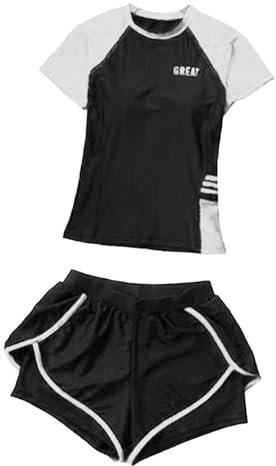 Baoblaze Women's Swimsuit Swimming Top and Shorts Short Sleeve Tankini Tops Beachwear Wetsuit for Swimming Pool Beach Party, White Black, M