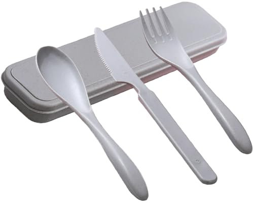 Travel Cutlery Set with Case, Reusable Portable Utensils Plastic Fork Knife Spoon for Camping Picnic Work School Daily Use (Gray)
