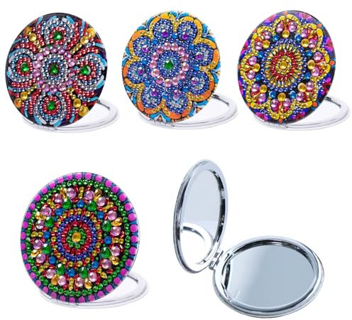 FENGQQKJ Diamond Painting Spiegel 5D Diamant Painting DIY Taschenspiegel 4 Stück Diamant Malerei Kompaktspiegel Faltbarer Diamont Gemälde Blumen Reisespiegel Kosmetikspiegel für Mädchen