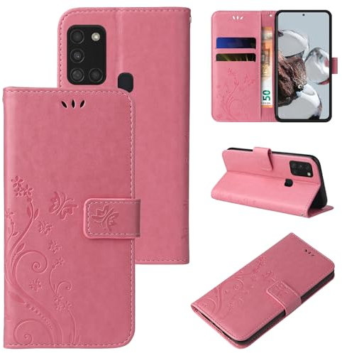 LBH Handy Hülle für Samsung Galaxy A21s Case Handytasche Schmetterling Blumen Flower Standfunktion Schutzhülle Magnet Rundum Schutz 360 Grad Flipcase Cover Rosegold