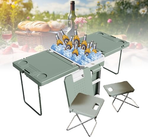 Refrigerador de picnic para camping, con mesa y sillas, caja de aislamiento rodante multifunción para conservación de refrigeración, para coche, camping, caravana, camión, no necesita electricidad