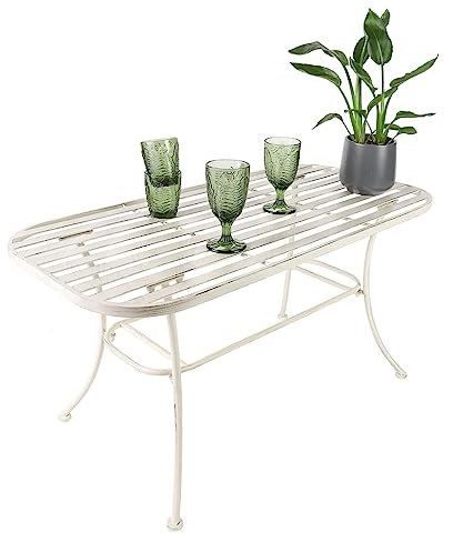 Metal Garden Table Vintage Style Slatted Outdoor Table for Patio, Decking & Lawn - Recycled Metal Ivory White Outdoor Coffee Table for Afternoon Tea Alfresco Dining