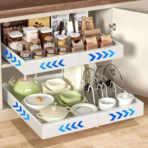 wordmouk 1 Pcs Pull Out Cabinet Organiser for Pantry Adjustable Drawer Shelf No Punch Extendable Kitchen Cupboard Organization Pull Out Kitchen Storage, Adjustable Width 32CM to 52CM, White
