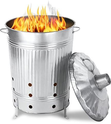GARTHEIN - 90 Liter Große Feuertonne für den Gartenabfall mit Deckel in Silber, Metallfass verzinkt, Feuer Verbrennungstonne für Laub, Gartenarbeit, Feuerschale mit Deckel, Terrassenofen, Feuerkorb