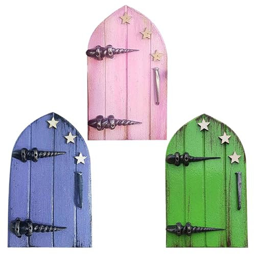 PLUSHCEWT 3Pcs Wooden Fairy Doors, Garden Elf Door Miniature Yard Ornaments, Miniature Fairy Garden Outside Decor Accessories Yard Art Sculpture (A)