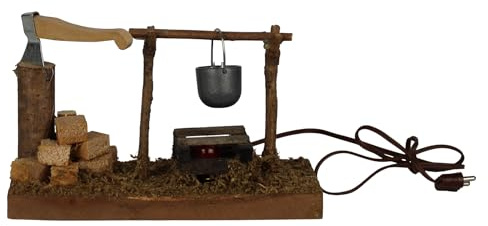 ZICOM Krippenzubehör Lagerfeuer mit Kessel beleuchtet 12,5x4,5x7,5cm Holz, Metall – Beleuchtetes Miniatur-Lagerfeuer