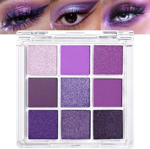 Lilbitty Set di 1 palette di ombretti con glitter in 9 colori, impermeabile, pigmentato per il trucco degli occhi, in viola, argento, a lunga durata, per donne e ragazze