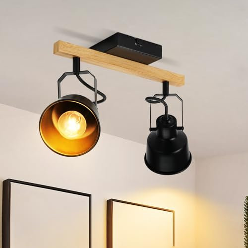 GBLY Deckenstrahler 2 Flammig Schwarz: Deckenlampe Vintage Schwenkbar 350° MAX.25W E14 Fassung Industrial Holzmaserung Spotbalken für Wohnzimmer Schlafzimmer Büro (ohne Leuchtmittel)