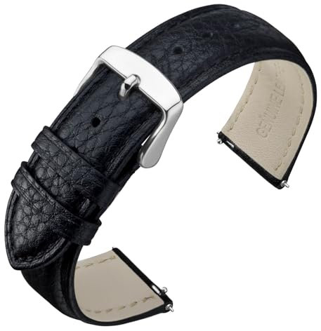 ANNEFIT Uhrenarmband 14mm Leder mit Edelstahl Silberne Schnalle, Schnellverschluss Armband mit Weich Gepolstert für Herren Damen (Schwarz)
