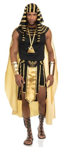 Springcmy Men Halloween Egyptian Costume Set 6Pcs Golden All Powerful Pharaoh Costumes Ancient King of Egypt Robe Cosplay Outfits