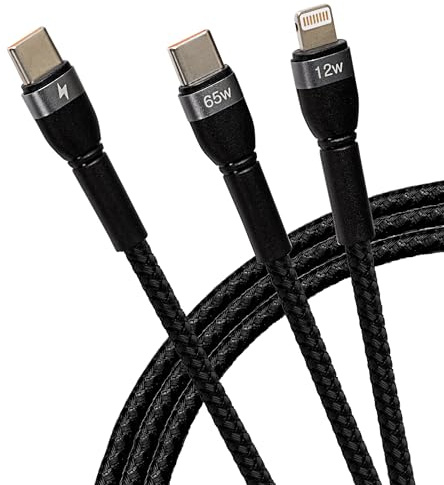 Maplin 2-in-1 USB-C to Multi-Charging USB-C 65W & Lightning 12W Braided Cable 2m, for Apple MacBook, iPad, iPhones, Samsung Galaxy, Airpods, Microsoft Surface, Google Pixel, Honor and more