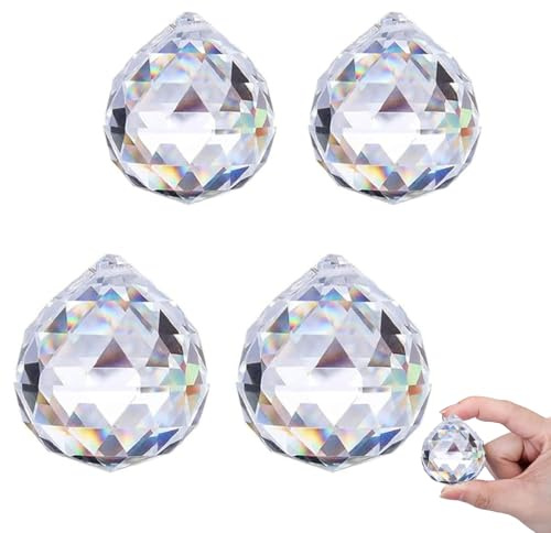 4 Stück Sonnenfänger Kristall, 30/40mm Kristalle zum Aufhängen, Klarglas Kristallkugel Prisma Sonnenscheinfänger, Hängende Kristalle Prismen für Fenster, Feng Shui, Geschenk