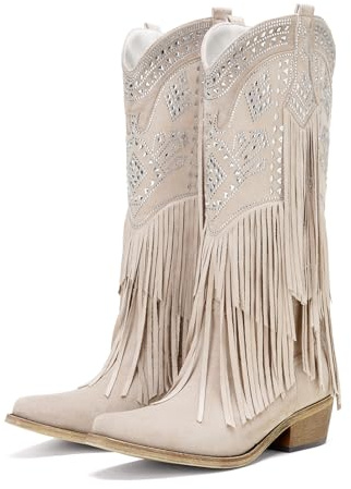 UTIKLIOU Cowboy Boots for Women Knee High Cowgirl Western Fringe Boots Rhinestone Chunky Heel Pointed Toe, Beige, 6 UK
