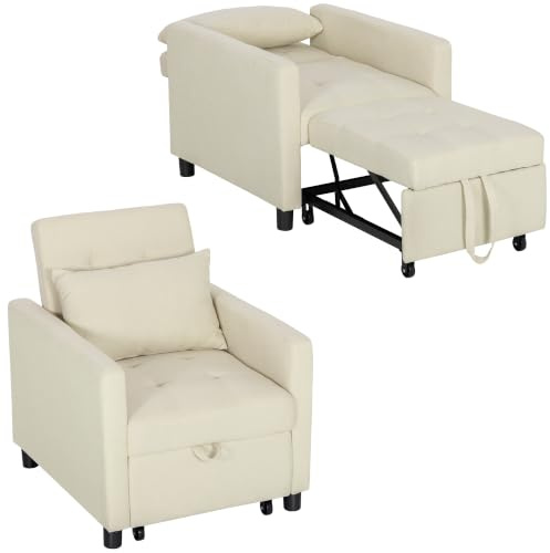 HOMCOM Sofá Cama de 1 Plaza 3 en 1 Sillón Cama 69x82,5x84 cm Beige | Tapizado en Lino, Respaldo Ajustable de 3 Niveles, Almohada Acolchada, Dormitorio, Salón