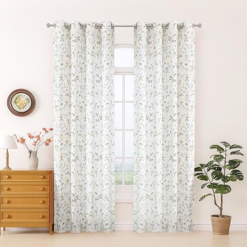 Simplebrand Natural Floral Printed with Eyelets Vintage Cottage Core Flower Leaf Botanical Cottagecore Linen Curtains 200 cm Door Drop Long Curtains for Bedroom Living Room, W 140x L 200 CM