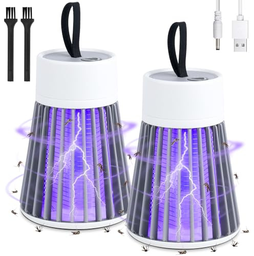 2 Pack Insektenvernichter Elektrisch, 2 In 1 Mückenlampe Akku, Mückenfalle Elektrisch, USB Wiederaufladbarer Fliegenfalle, 360° UV Mückenvernichter Lampe Für Küche Innen Außen Camping