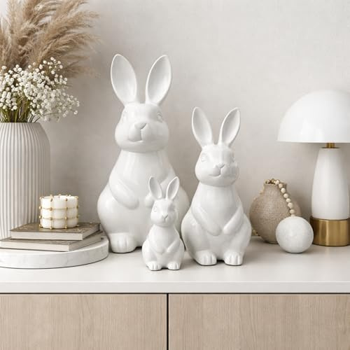 Jumbos Dekowelt Keramik Hase Dekofigur Weiß – Osterhase modern – Glasiert – Dekofigur für Ostern & Frühling – Wohnzimmer, Tisch & Fensterbank – 3 Größen (14 x 16 x 30cm)