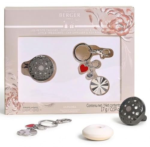 MAISON BERGER Ophelia Autodiffusor Set Silber Gun Metal mit Schlüsselanhänger und Nachfüllpack Liliflora Keramik – Duftspender zum Anstecken am Belüfter – Passive Diffusion ca. 4 Wochen