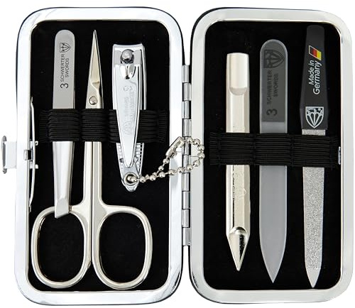 DREI SCHWERTER - Germany 6-tlg. Maniküre Set 'Catania' Nagelset mit Hautschere, Nagelknipser, Pinzette, Saphirnagelfeile, Glasnagelfeile, Nagelreiniger im Rahmenetui - kariert