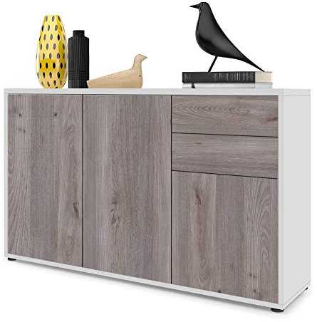 Vladon Sideboard Ben V3, Kommode mit 3 Türen und 2 Schubladen, Weiß matt/Eiche Nordic (117 x 74 x 36 cm)