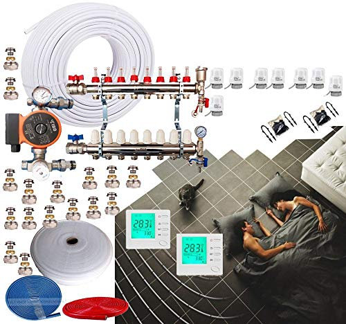 2 Zone 100-105Sqm UnderFloor Heating Kit 8 Port Manifold Blending Set 16mm Pipe WRAS Approved