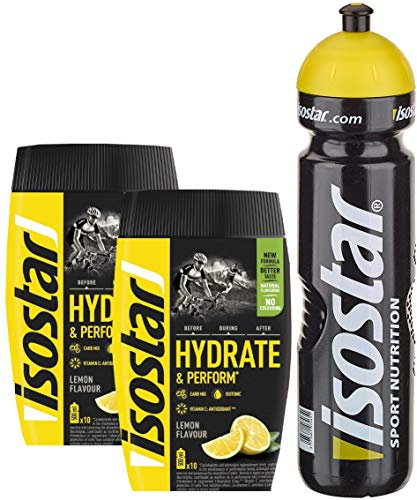 Isostar Hydrate & Perform - Zitrone - 2x400g Pulver | 2er Angebotspack + Original 1000ml-Trinkflasche