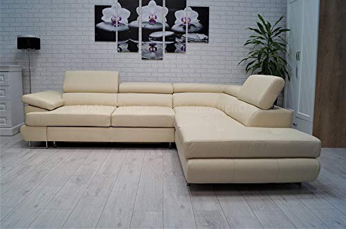 Quattro Meble Cremefarbe Echtleder Ecksofa LTN 275 x 225 Sofa Couch mit Schlaffunktion, Bettkasten und Kopfstützen Echt Leder Eck Couch (275 x 225 cm Ecke Rechts)