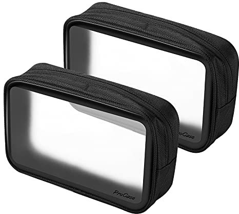 ProCase Trousse de Toilette Transparente Anti-Fuite, 【Lot de 2】 Pochette de Voyage pour l’Avion, Sac Maquillage, Rasage, pour Bagages à Main sans Rien Oublier, Résistant à l'eau, Bien Organisé- Noir
