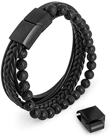 Akitsune Bellum Synthetisches Perlen Lederarmband | Magnetverschluss aus Edelstahl - Geflochtenes Männer Herren Armband inkl. schöner Schmuckschachtel - Schwarz-Schwarz - 23cm