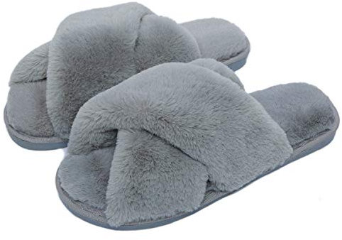 Fadezar Pantoufle Femme Chausson Peluche Chaud Slippers Claquette Fourrure Sandal Bout Ouvert Accueil Chaussures Gris EU 35/36