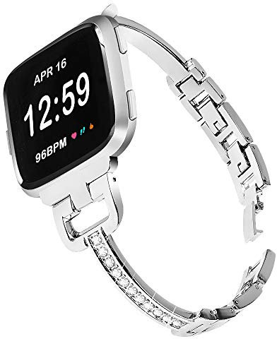 GIMart Kompatibel mit Fitbit Versa 2 Bändern/Versa/Versa Lite, Metall-Strass-Ersatzarmband für Damen und Mädchen, klein und groß, 5.5-8.5 inch, Edelstahl