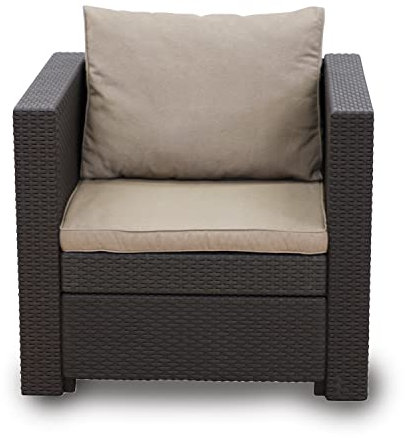 Keter – Loungesessel Rattan-Optik in Anthrazit inkl. passendem Sitz- & Rückenkissen in Capuccino - Rattansessel für Balkon, Garten und Terrasse - Produktmaße: T65xB68xH77